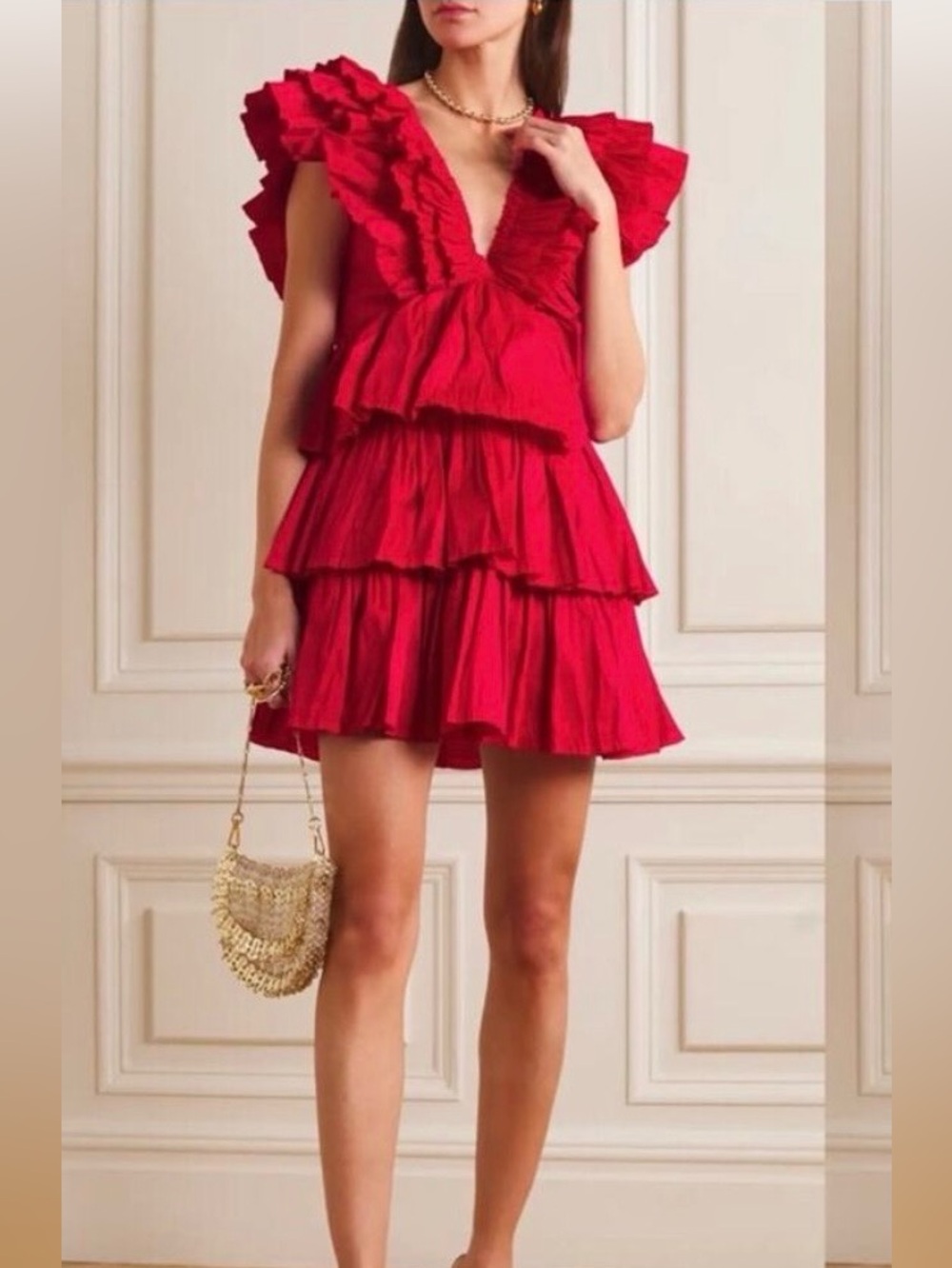 Aje red Ruffled Tiered V-Neck Mini Dress